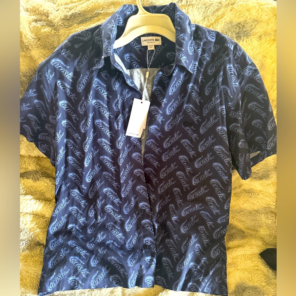 Lacoste NWT mens dark blue crocodile patterned cotton shirt size Large